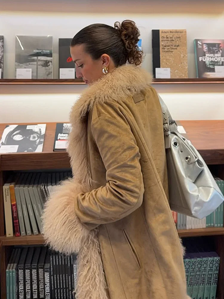 

HH Woman Winter Fashion Splicing Faux Fur Effect Decoration Medium Length Coat Female Casual Loose Long Sleeves Street Overcoat