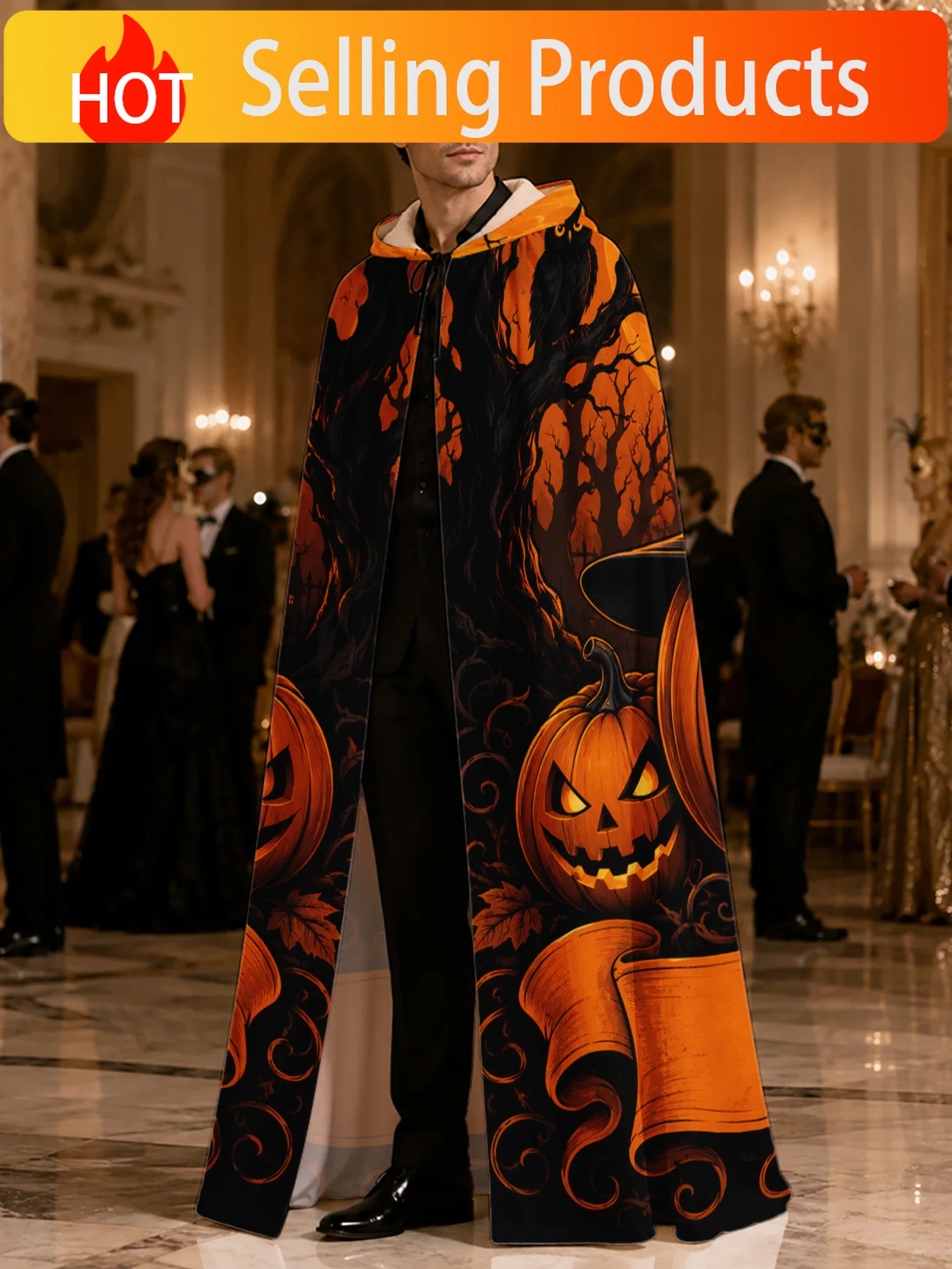 1pc, Adult Hooded Cloak in Halloween Spooky Pumpkin Night Elements, Polyester Cape Perfect for Halloween Roleplay and Christmas