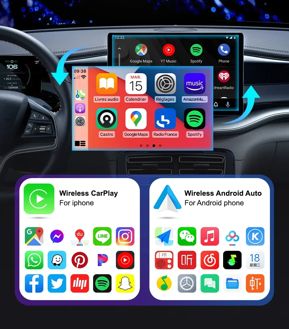 CarPlay AI Box BT WiFi Wireless Carplay Android Auto Adapter 2 in 1 Mini Box Plug & Play for OEM Wired CarPlay/Andriod Auto Cars