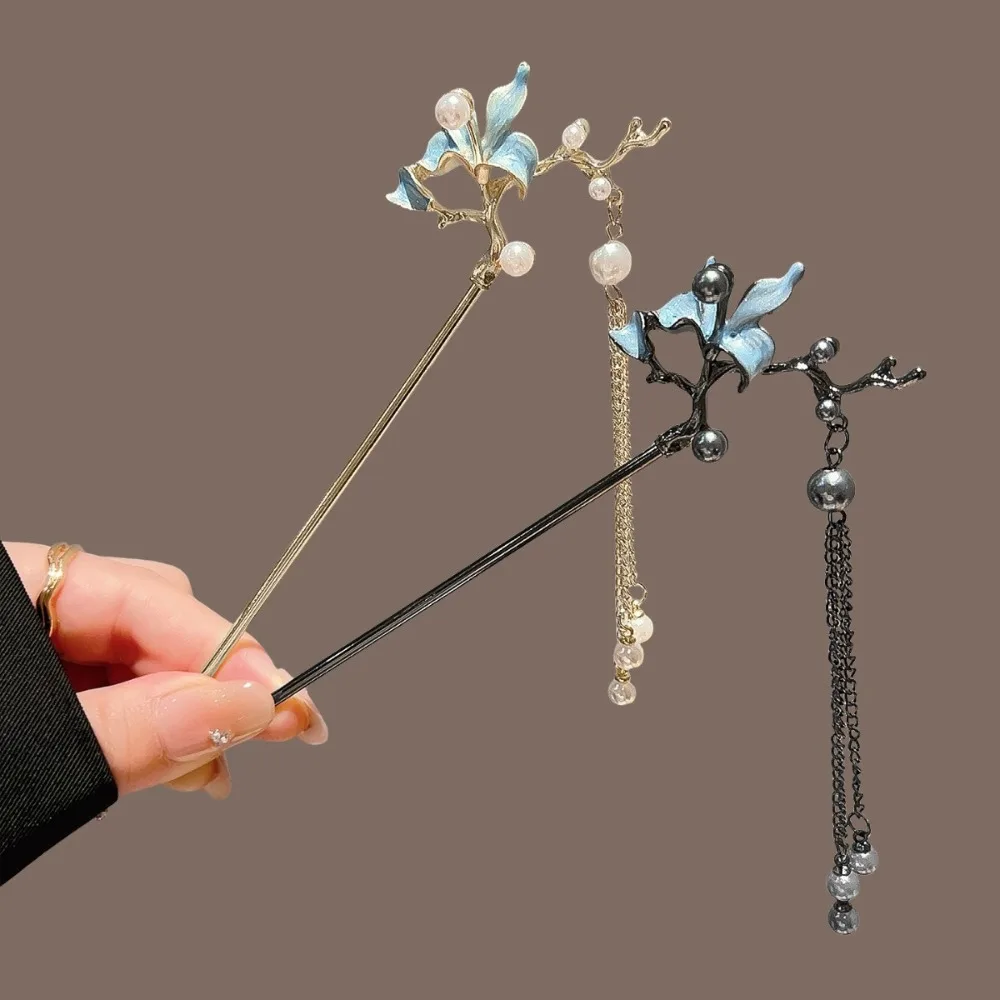 

Элегантная палочка для волос OrchidTassel с синей эмалью и жемчугом. Женский аксессуар для волос в стиле ханьфу в стиле ретро с дизайном висячей цепочки.