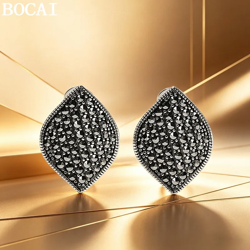 BOCAI New S925 Sterling Silver Jewelry Vintage Fashion Inlaid With Maxaystone Geometric Ear Clasps Women's Selected Gift