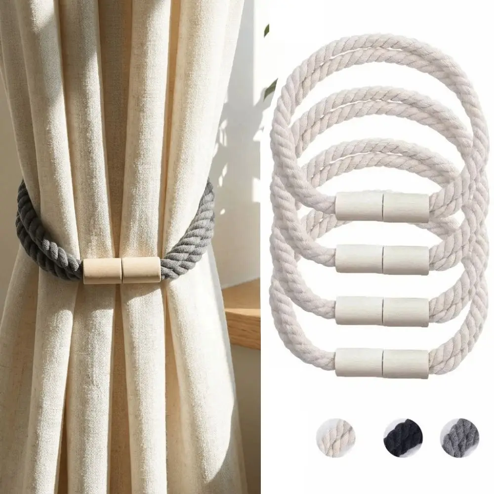 2Pcs Magnetic Curtain Tiebacks Braided Rope Wooden Buckles Curtain Holder Elegant Twist Rope Curtain Buckle Bedroom