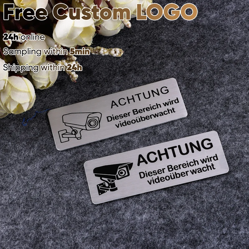 Free Logo Aluminum Watch Video Surveillance Warning Sign 85x30mm Private Camera Surveillancewith Sticker Signs for Mail Box/Door
