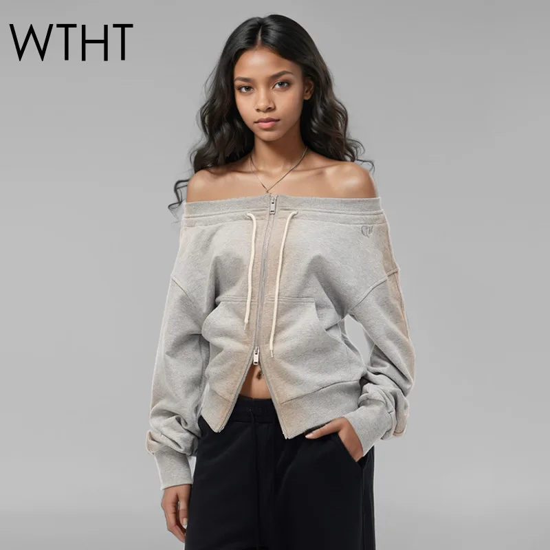 WTHT 2025 Spring New Fashion Women's Gradient Straight Shoulder Sweatshirt Off-shoulder Long Sleeves Zipper Jacket Female 1LS763