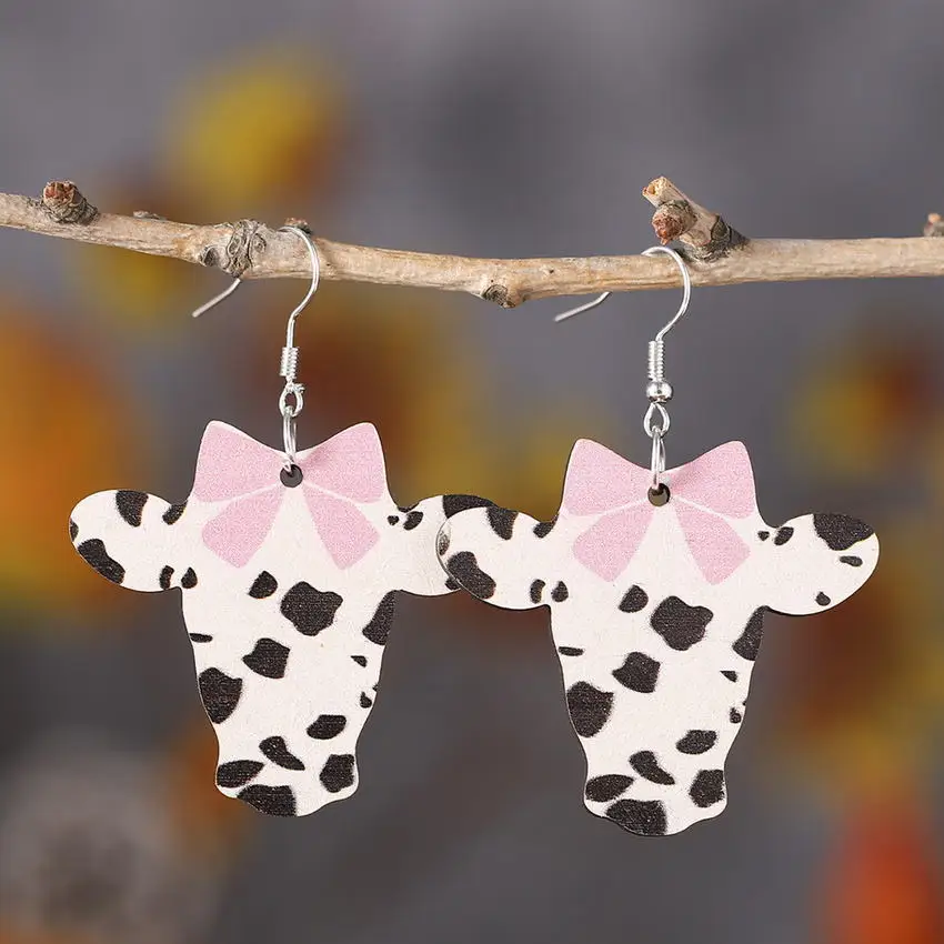 Western Bow Cow Head Drop Earrings for Women Milk Cow Print Wood Teardrop Cowgirl Earrings Fashion Accessories Wholesale