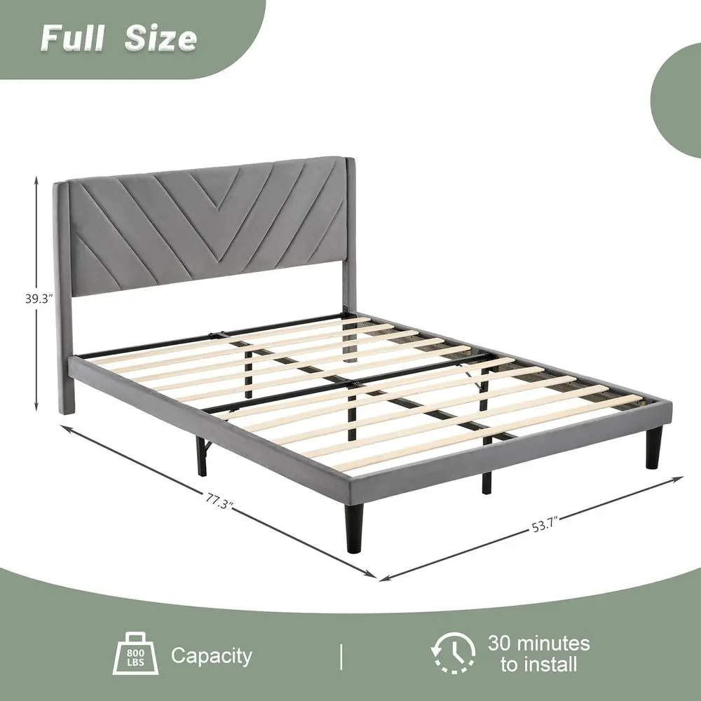 Grey Velvet Headboard Full Platform Bed Frame with Wooden Slats, Metal Structure, Easy Assembly, No Box Spring Needed