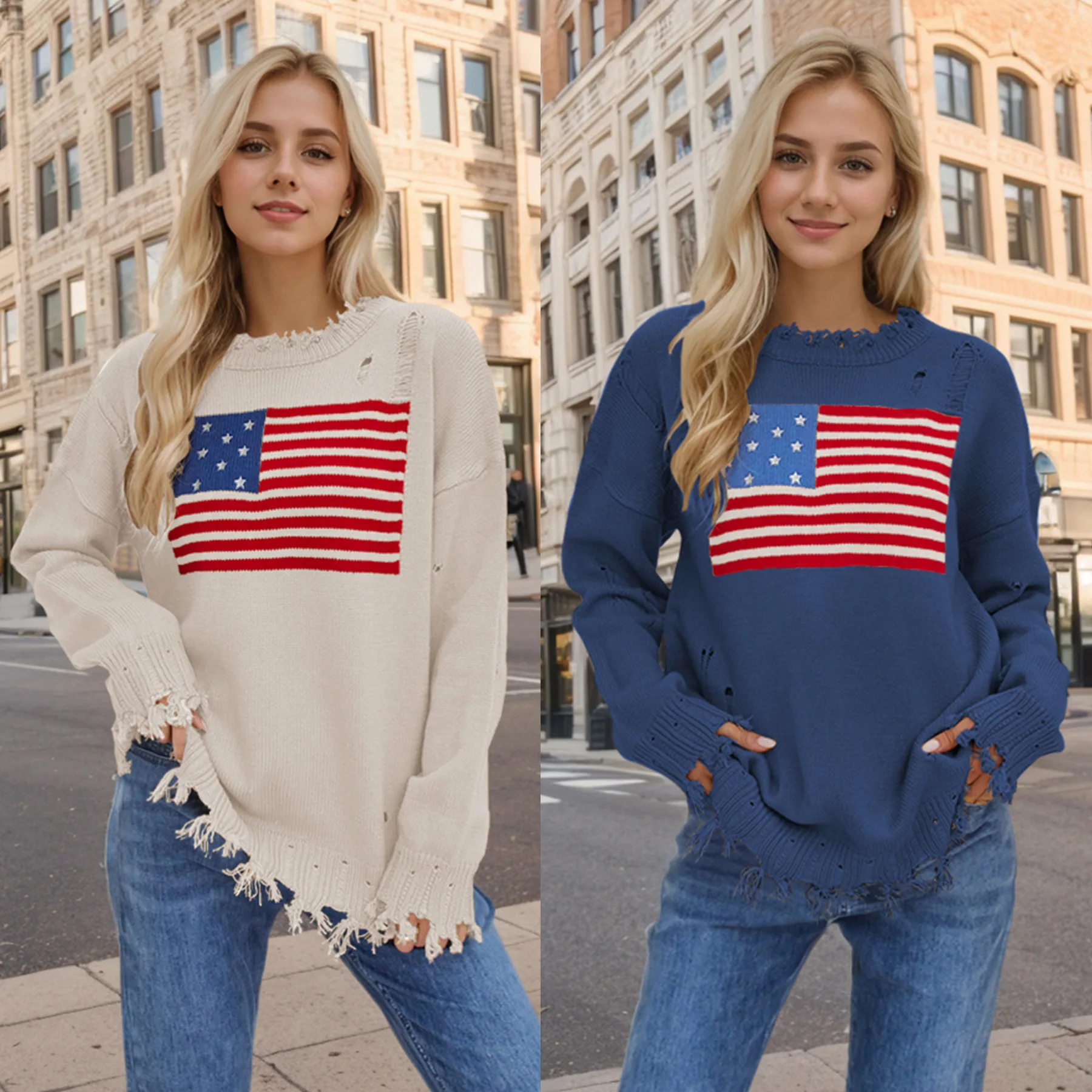 

2024 Women's Tops Pullover Jumper Sweater Female Clothing Pullovers Round Neck Easter Independence Day Fashion Sweater Women