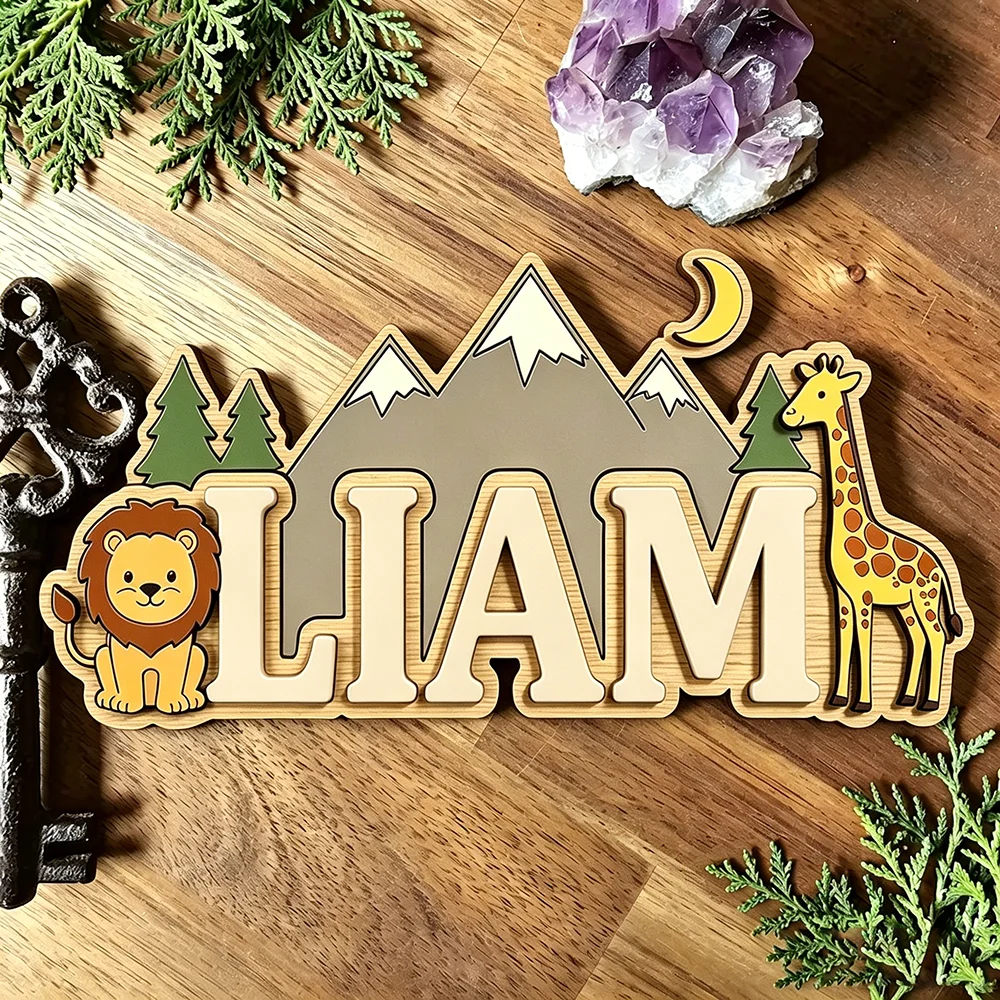 Custom Safari Lion & Giraffe Kids Name Sign for The Dearest Baby, Cute Mountain Moon Themed Nursery Door Plaque image 4