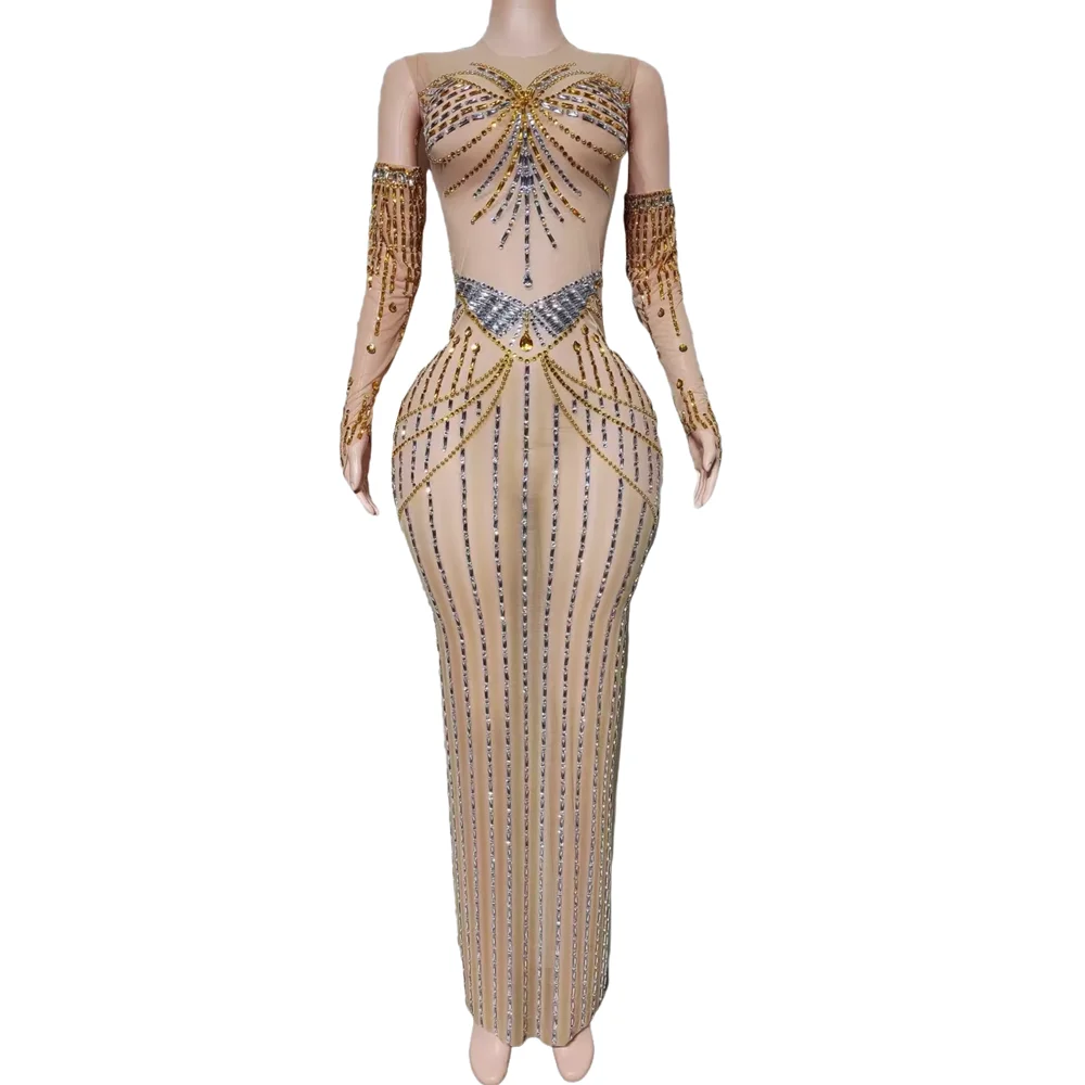 

Sparkly Rhinestones Long Dresses for Women Sexy Mesh See Through Birthday Celebrate Evening Prom Party Dress Photo Shoot Wear