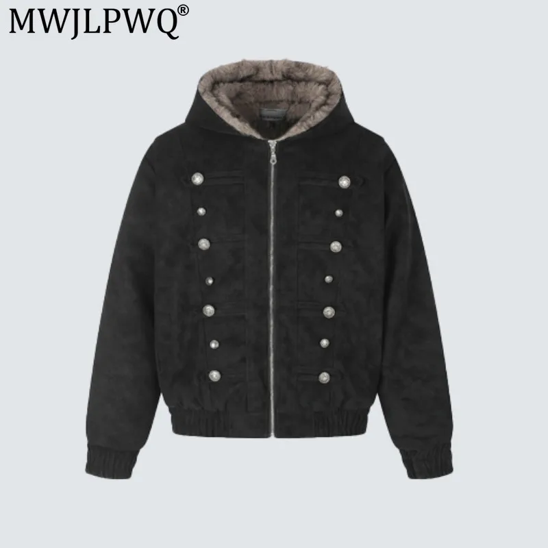 MWJLPWQ Retro Double-Breasted Metal Buckle Decorated Suede Hooded Jacket Men Street Deconstructed Fur Collar Cotton Coats 21260