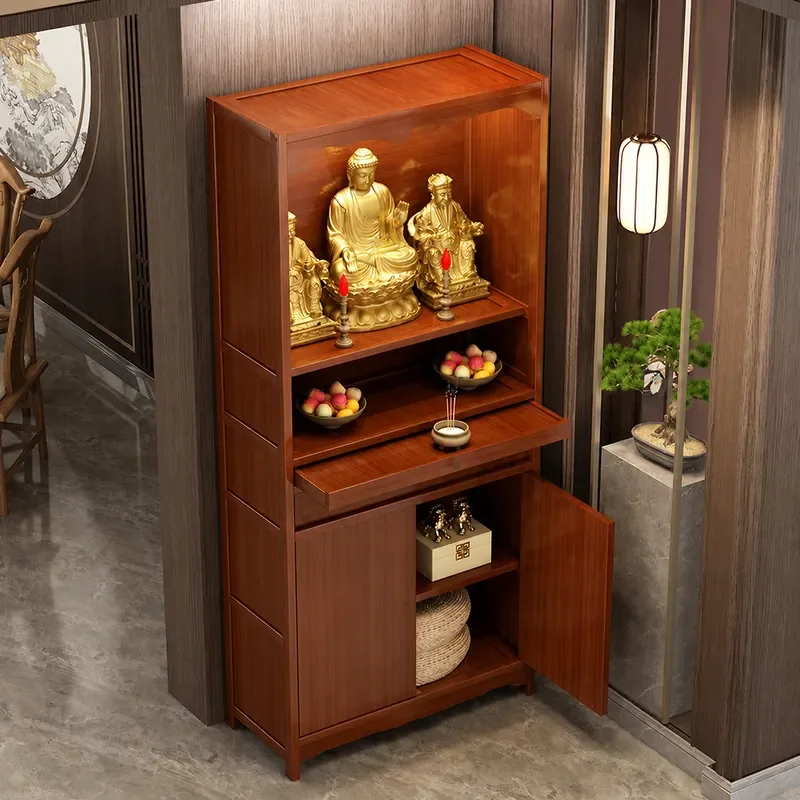 Wooden Offering Table with Door Household Incense Burner Stand Display Cabinet for God of Wealth Guan Gong Bodhisattva