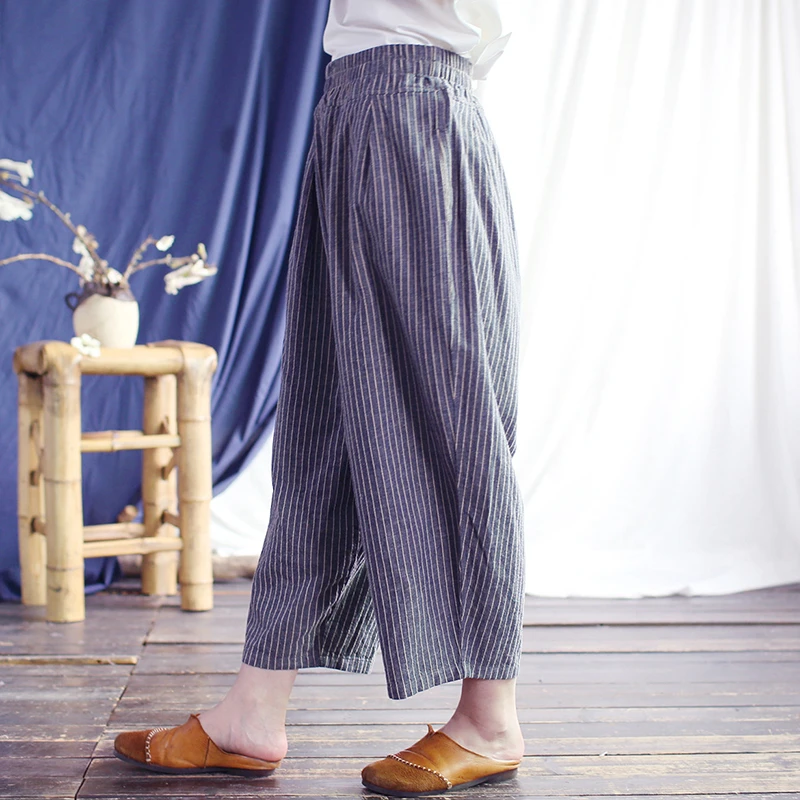 Damskie bawełniane lniane spodnie na co dzień New Arrival 2025 lato w stylu Vintage w paski luźne kobiece spodnie haremowe do kostek M1389