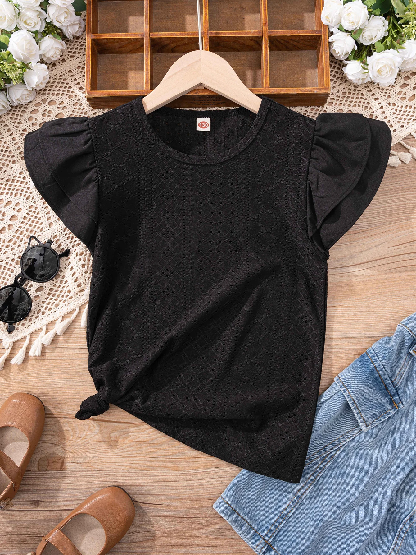 Cute Everyday Versatile Multi-Color Patterned Hollow-Out Fabric Flutter Sleeve Design Round Neck Pullover Girls' T-Shirt Fashionable Little Girl Top