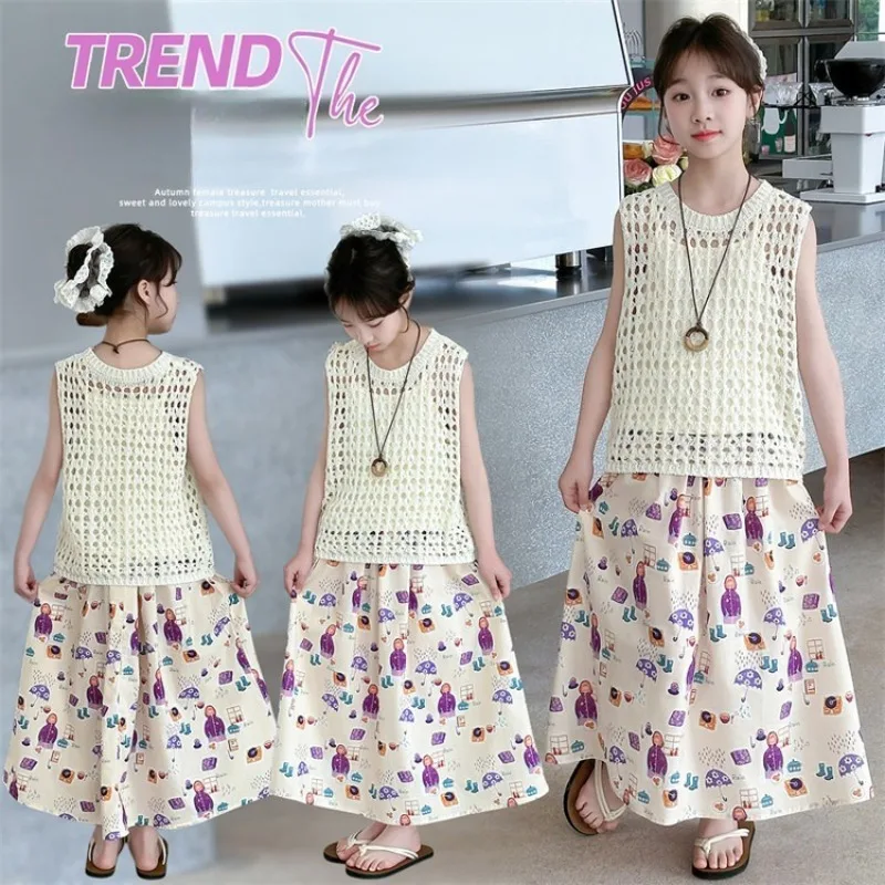 

Летний комплект жилета для девочек, модный детский кружевной вязаный кардиган, платье без рукавов с цветочным принтом, комплекты из трех предметов в курортном стиле