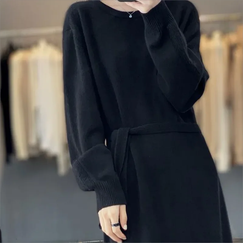 Dress Female Round Collar Pullover Sweater Dress Woman Fashion Frenum Loose Knit Autumn Winter Clothing