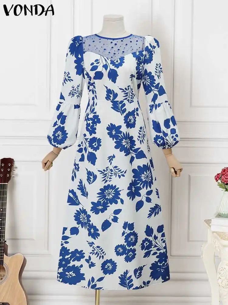 Plus Size 5XL VONDA Women Bohemian Floral Printed Maxi Dress 2024 Autumn Long Puff Sleeve Sundress Casual Lace Patchwork Vestido