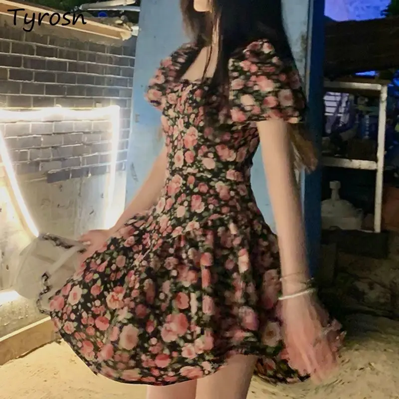

Платья с коротким рукавом, женские винтажные платья с цветочным принтом и открытыми плечами, шикарные милые девушки, нежные стильные корейские модные летние платья для отдыха