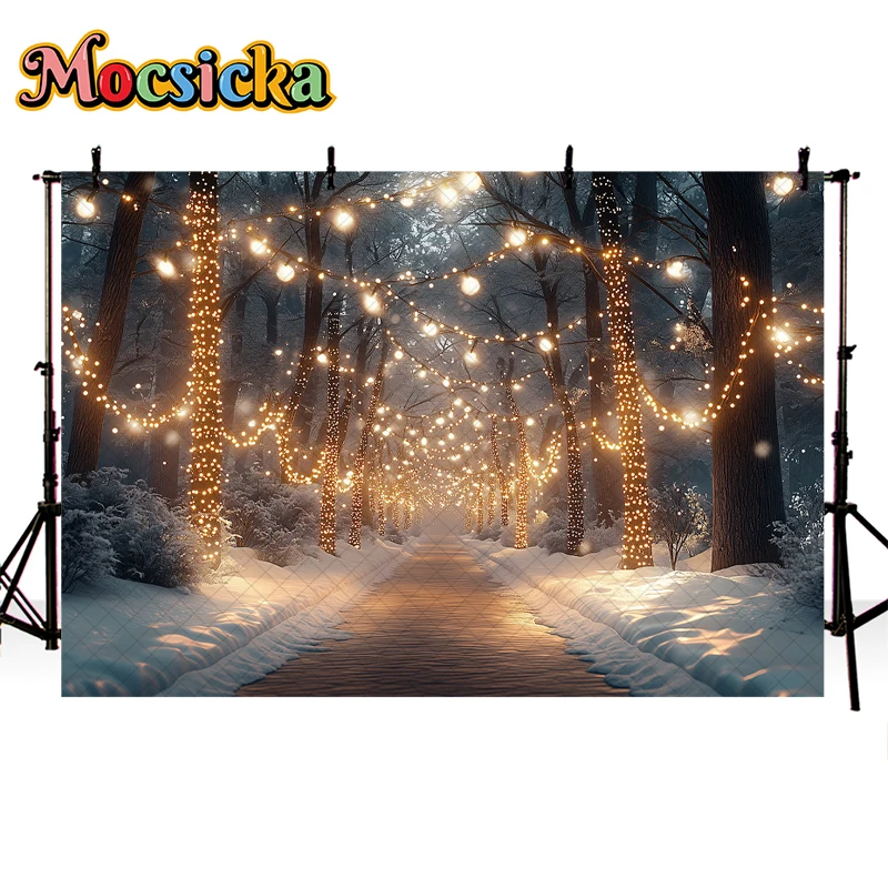 Christmas Night Photography Background Snow Glitter Lights Street Forest Decor Kids Adult Family Portrait Photo Backdrop Studio