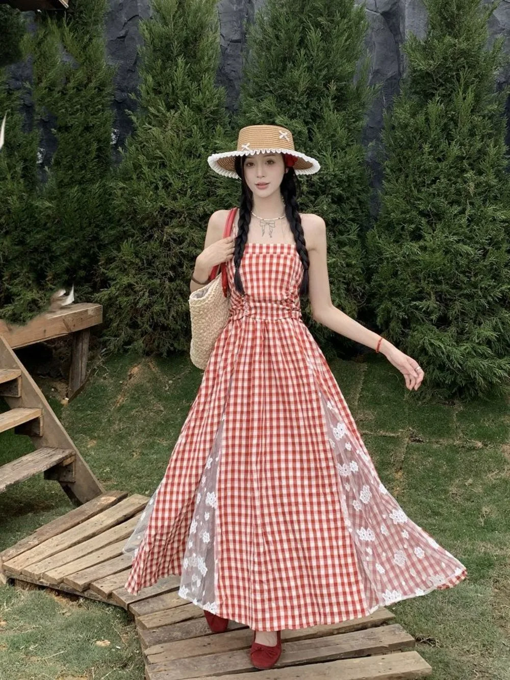 

Blue Gingham Camisole Maxi Dress 2025 Summer Beach Vacation French Style Coastal Grandma Aesthetic Womens Fashion