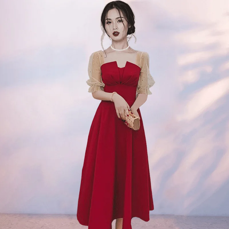 

Red Bride Toast Dress 2024 Spring/Summer New Product Wedding Engagement Banquet Party Small stature Dress can be worn on weekday