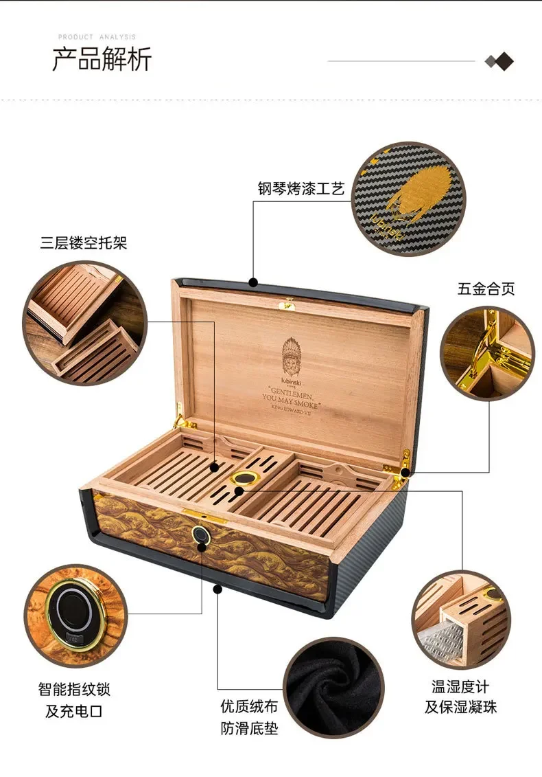 Best Selling Fingerprint Lock Piano Lacquer Carbon Fiber Humidor Cedar Wood Layer with Thermohygrometer Moisturizing
