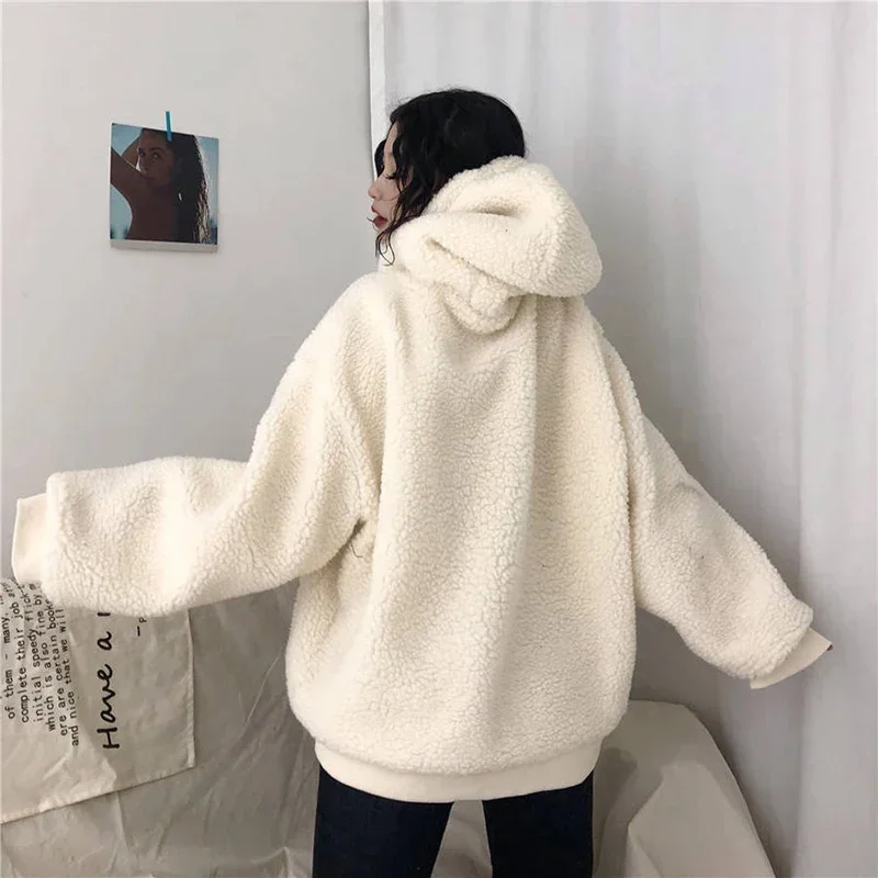 Winter Loose Long-sleeved Lamb Plush Warm Ladies Pullover Plus Velvet Thickening Casual Loose Lantern Sleeve Women\'s Hoodie