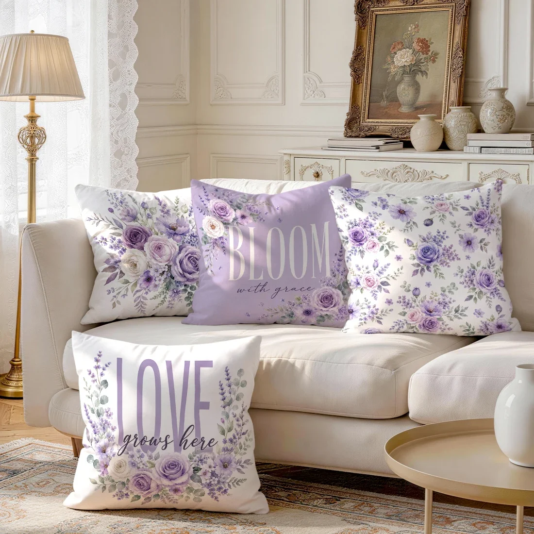 1/4pcs Light Purple Lavender Floral Cushions Pillowcase Polyester Cushion Cover Throw Pillow Pillowcover Home Car Sofa Decor