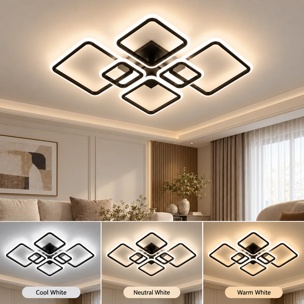 Modern Square LED Ceiling Light, 3‑Color Changing 3000K‑4000K‑6000K Flush Mount Ceiling Lamp, Creative Geometric Square Light Fixture for Living Room Bedroom Dining Room Home Decor