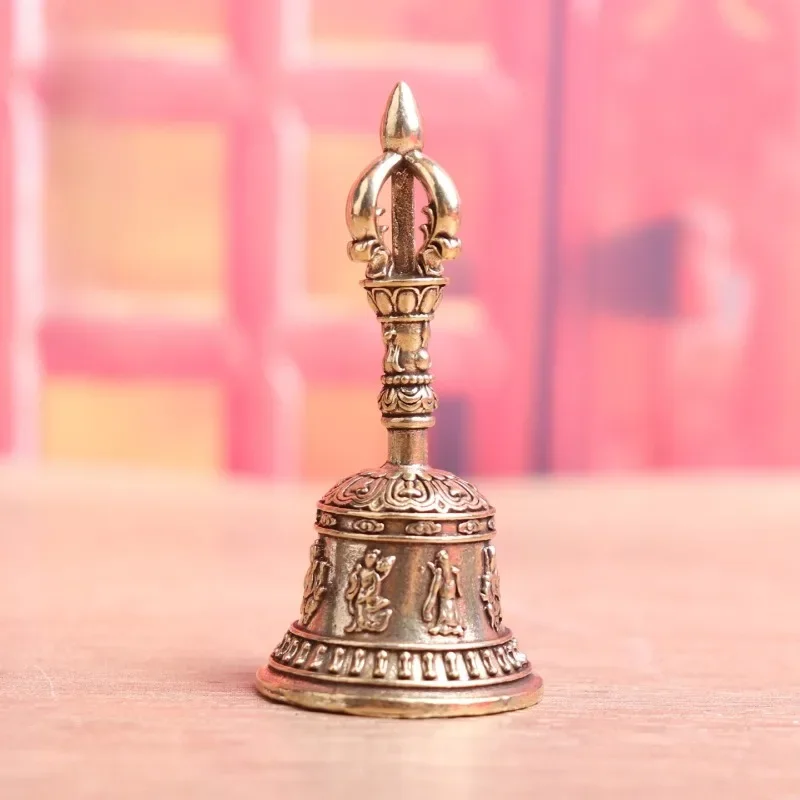 Vintage Brass Hand Bell Chinese Eight Immortals Pattern Ritual Bell Mini Desktop Ornament Retro Religious Craft Collectible