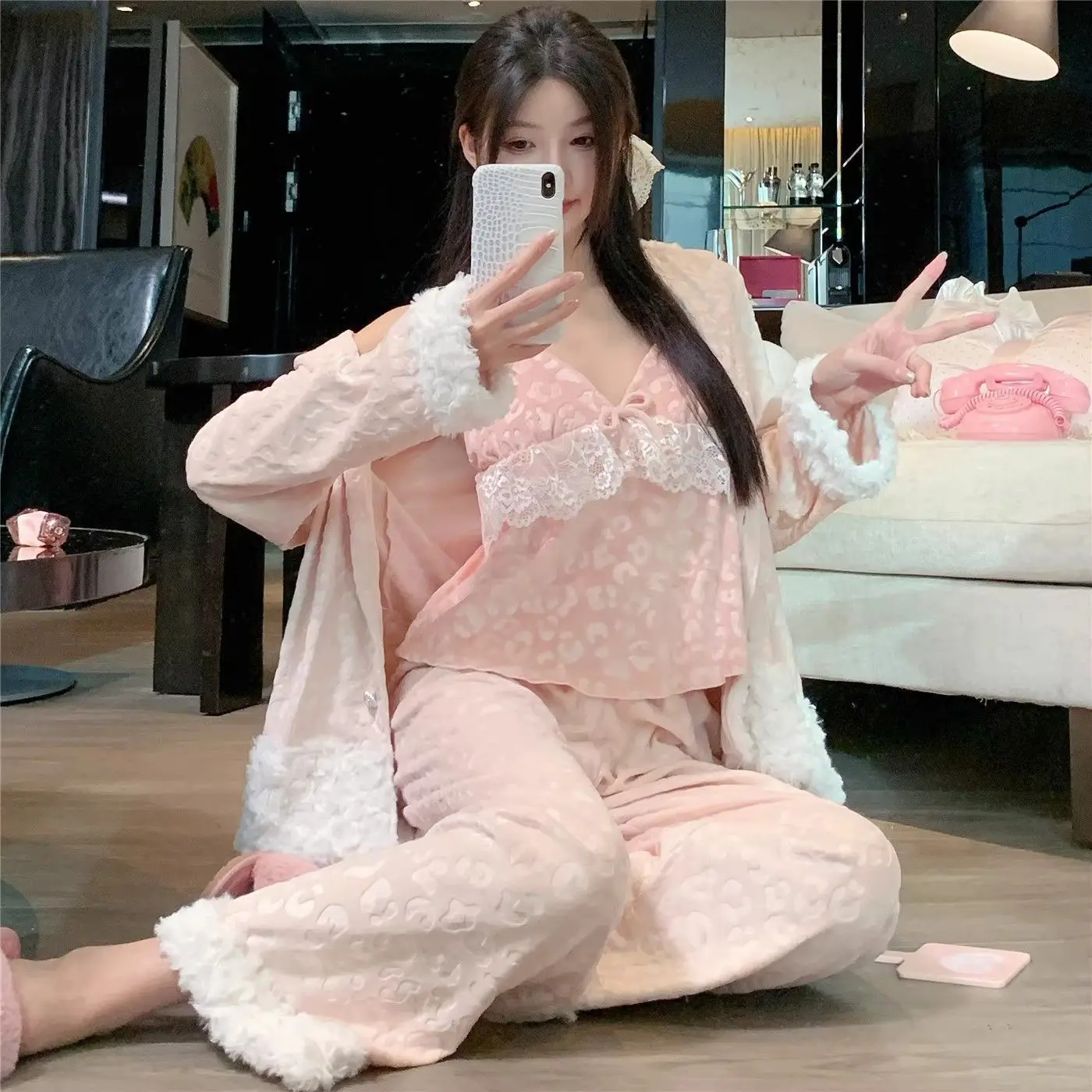 

Double-Sided Island Velvet Thickened Sleepwear Set Women's Home Clothes Short Skirt Style Elastic Ultra-Thick Homewear