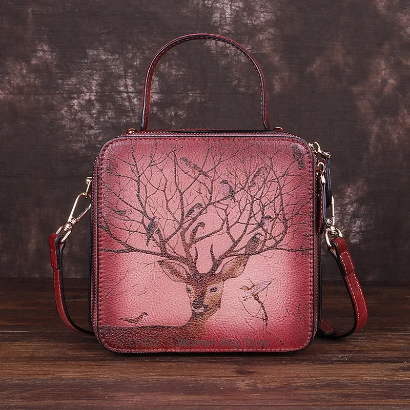 

Vintage Genuine Leather Women's Shoulder Bag - Luxury Designer Handbag with New Deer Pattern Crossbody Bag for Women