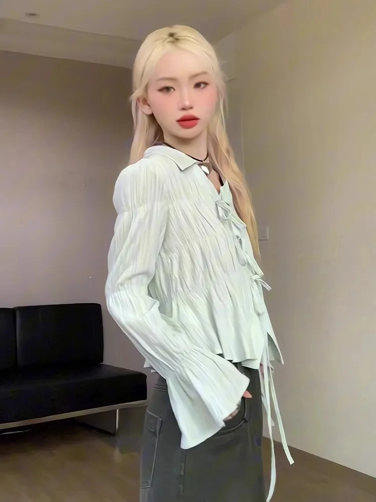 

2025 Autumn Lace Up V Neck Flared Sleeve Shirt Women Korean Fashion Folds Design Versatile Crop Top Sweet Chic Blouses