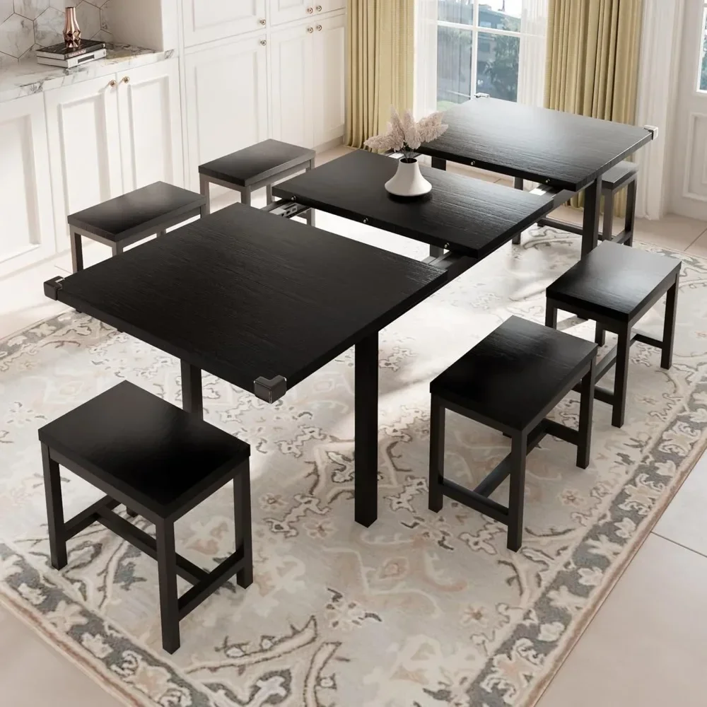 7-piece Dining Table Set with 6 Chairs,Suitable for 4-8 People,Medieval Dining Table with Heavy-duty Frame,Easy To AssembleBlack