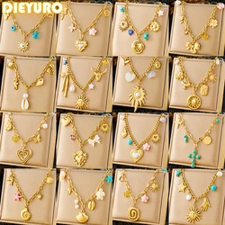 DIEYURO 316L Stainless Steel Golden Heart Sun Multiple Pendants Necklace Women New Fashion Marine Style Neck Chain Jewelry Gift