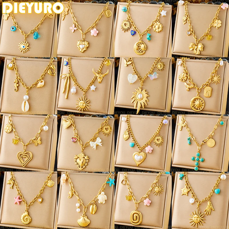 DIEYURO 316L Stainless Steel Golden Heart Sun Multiple Pendants Necklace Women New Fashion Marine Style Neck Chain Jewelry Gift