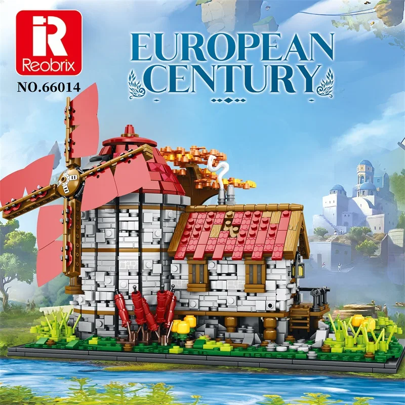 

Reobrix66014 Medieval windmill ancient mill blocks European Street view model puzzle assembly toy