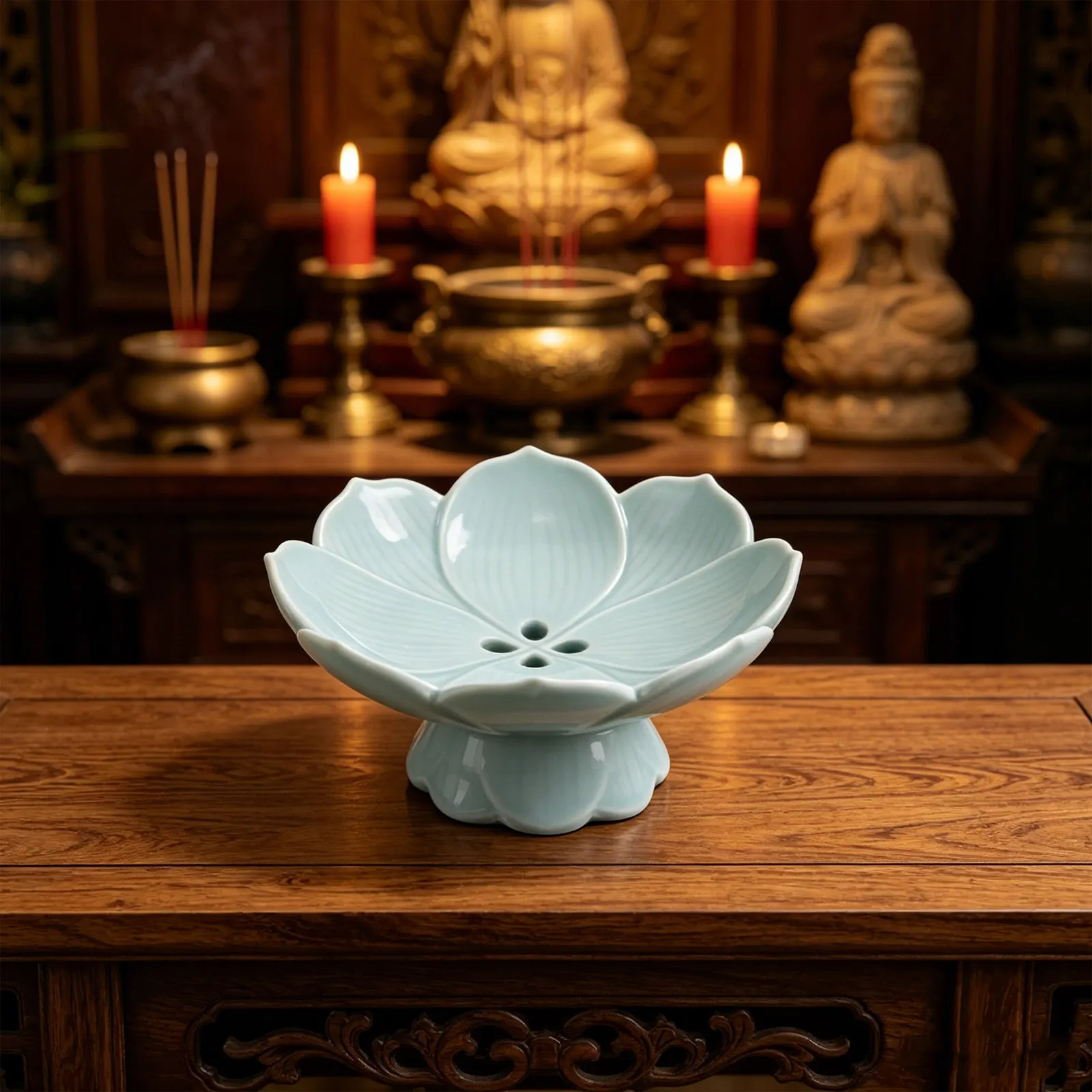 Ceramic Buddhist Fruit Plate Lotus Pattern Decorative Tray Altar Offering Plate Temple Sacrifice Serving Dish Porcelain Footed - view 2