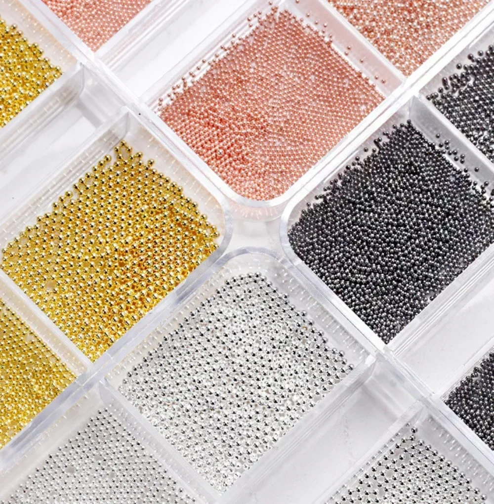 6 rejillas 3D decoración de uñas arte de uñas pequeñas cuentas de Caviar de acero 0,5-1mm tamaño mixto cuentas de uñas de plata y oro rosa joyería de manicura DIY