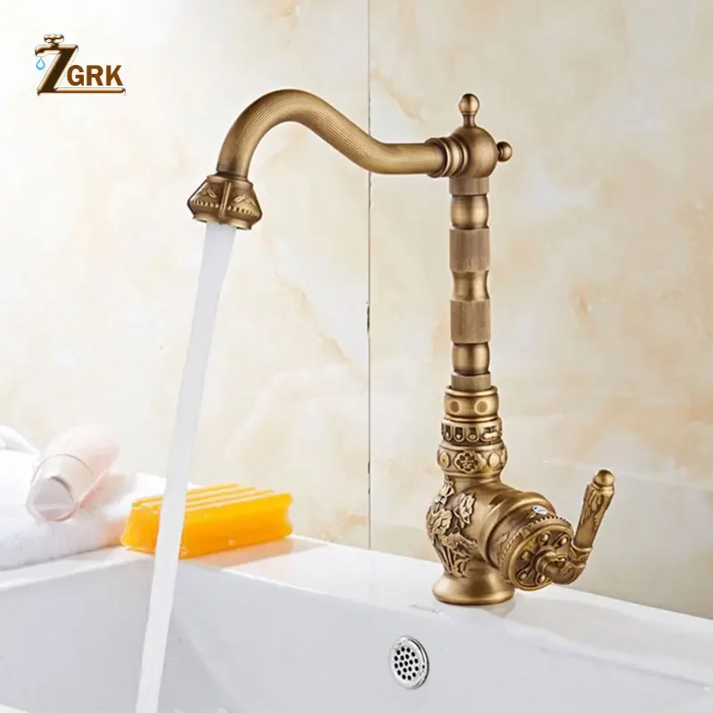 ZGRK Bathroom Basin Faucets Antique Brass Single Handle Hot Cold Mixer Taps Luxury Antique Deck Mounted Sink Mixer Tap