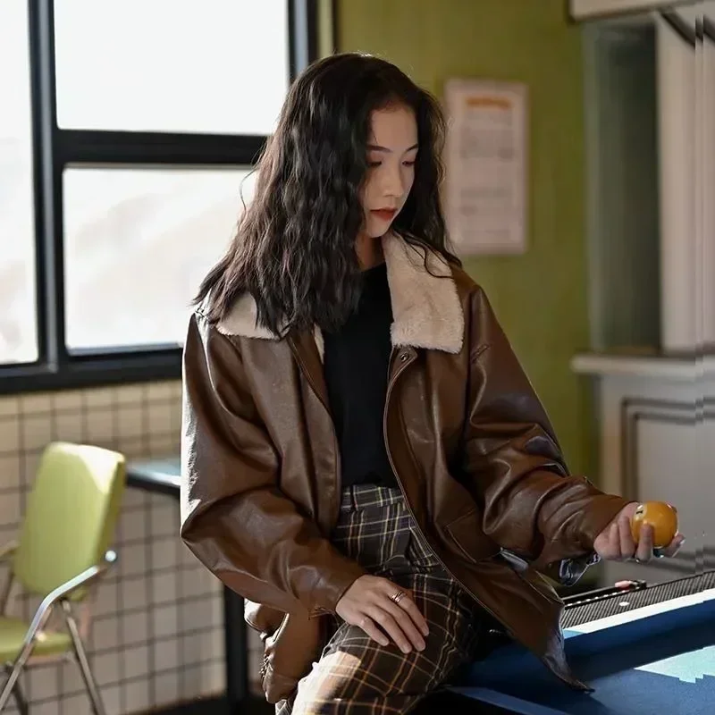 여성용 두꺼운 벨벳 짧은 PU 가죽 재킷, 루즈 가죽 재킷, 웨스턴 스타일 코튼, 스티치 라펠, 하이 스트리트, 신상