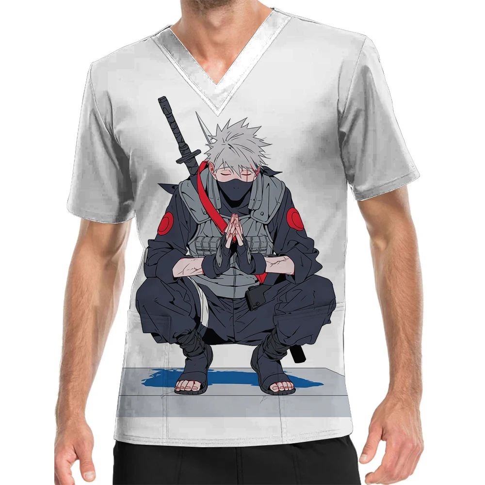 V-Neck Print Scrub Top Work Clothes Naruto Kakashi Printed Pattern Men's Florist Hospital Doctor Nurse Work Clothes