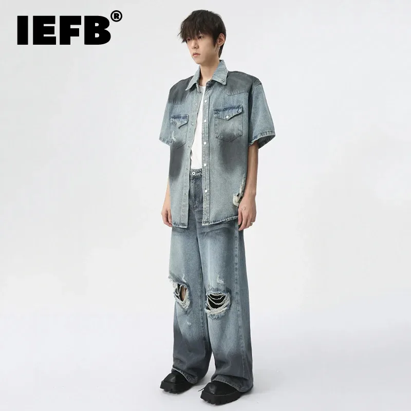 

IEFB High Street Men's Denim Sets Worn-out Contrast Color Lapel Short Sleeve Shirts Hole Straight Leg Casual Male Jeans 9C6557