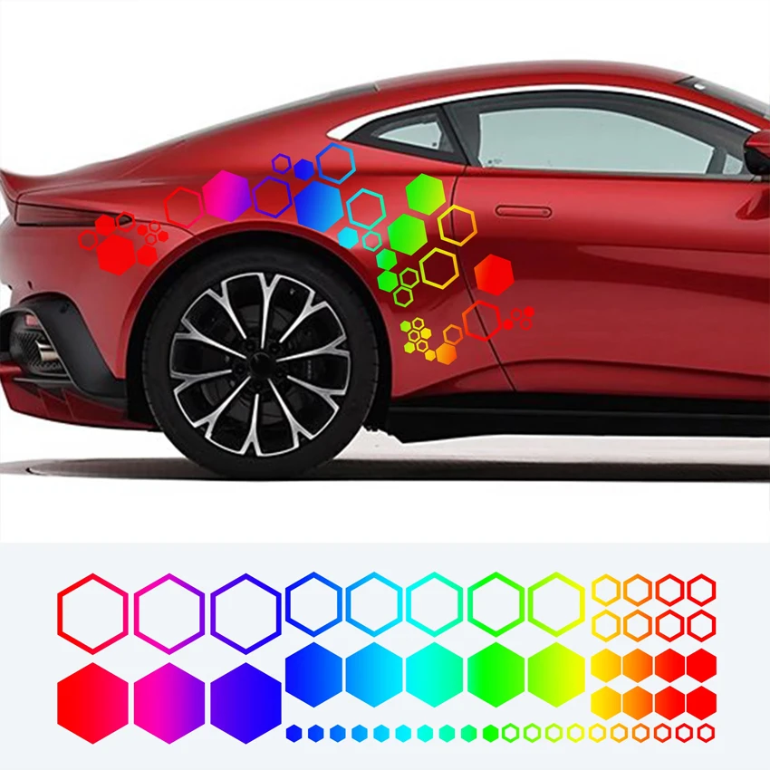 Color Gradient Honeycomb Hexagon DIY Car Stickers, Multi Size Geometric Body Decals for Sports Car Sedan
