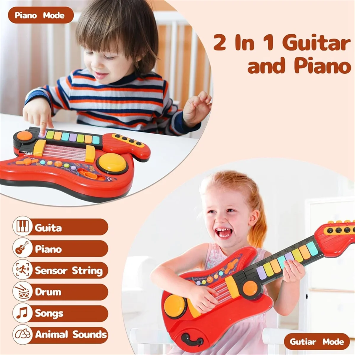 2-in-1 Kids Guitar & Piano Toy – Foldable Electronic Musical Instrument for Toddlers Boys & Girls, Educational Birthday Gift