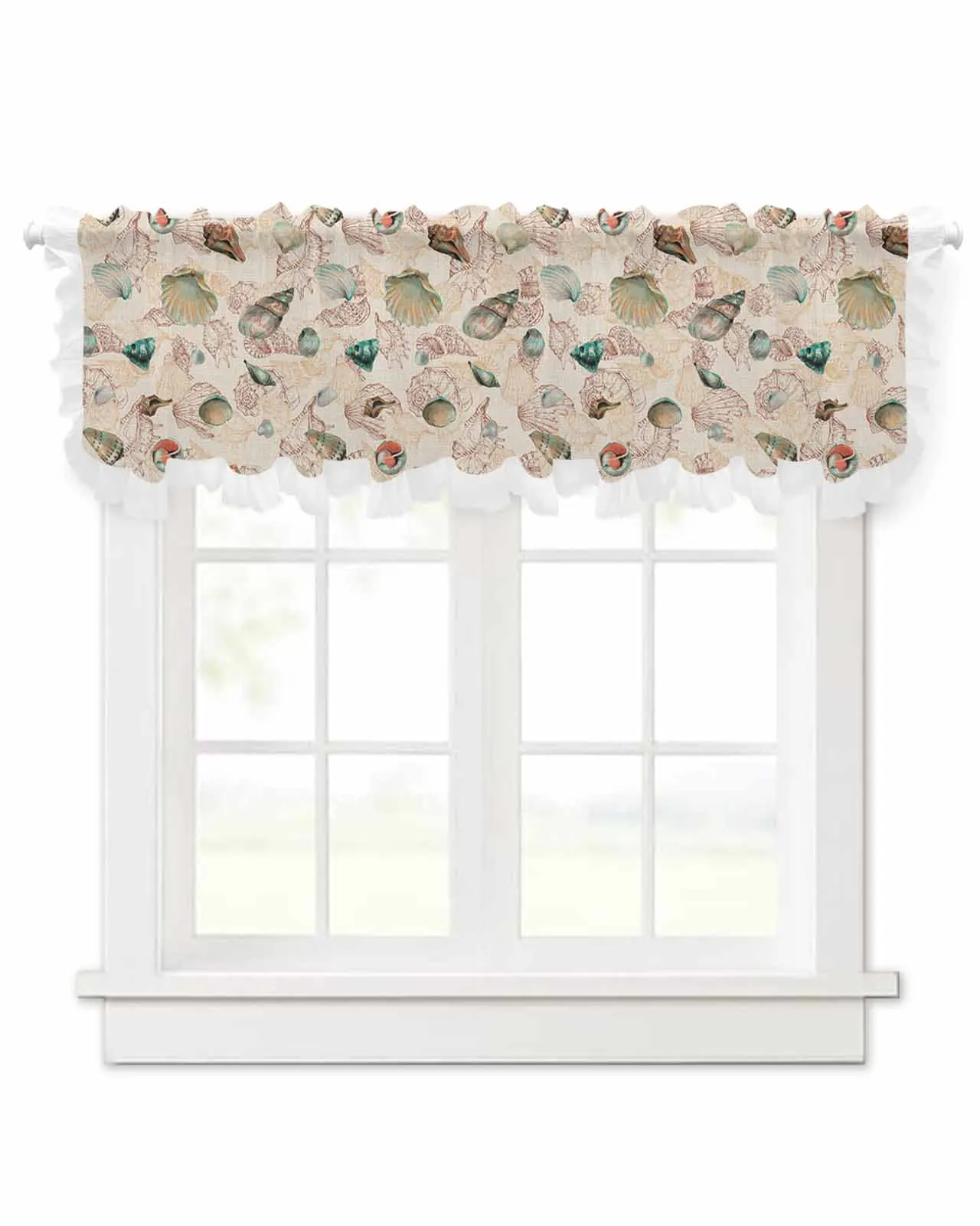 Summer Ocean Shell Retro Short Tulle Half Curtains for Living Room Kitchen Door Cafe Window Sheer Valance Drapes