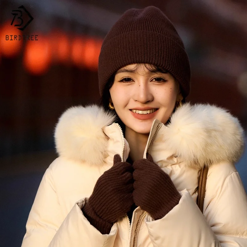 BirdTree,Wool Blended Knitted Cap/Gloves,Women's Ear Protection Warmth Solid Hat,Touchscreen Gloves,2025 Autumn/Winter A5N415JF