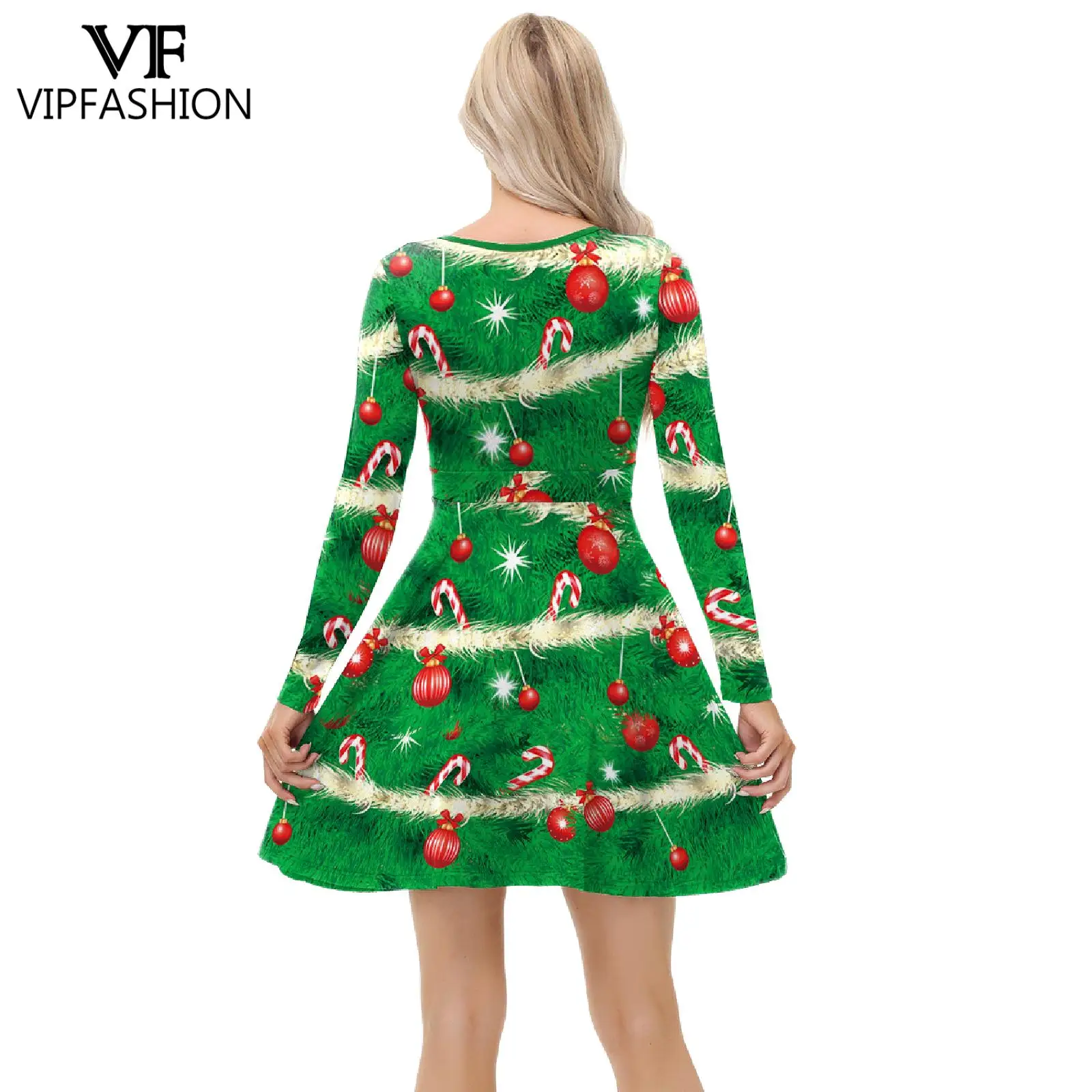 VIP FASHION Green Christmas Tree Dress for Women 3D Digital Print V Neck Party Dresses Sexy Slim Dress New Year Carnival Outfit