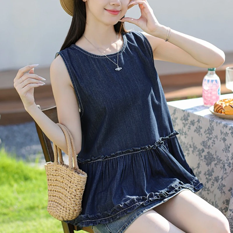 خمر الكشكشة أكمام المرأة سترة جينز القمم 2025 جديد الصلبة عادية فضفاض س الرقبة الجينز تي شيرت الإناث