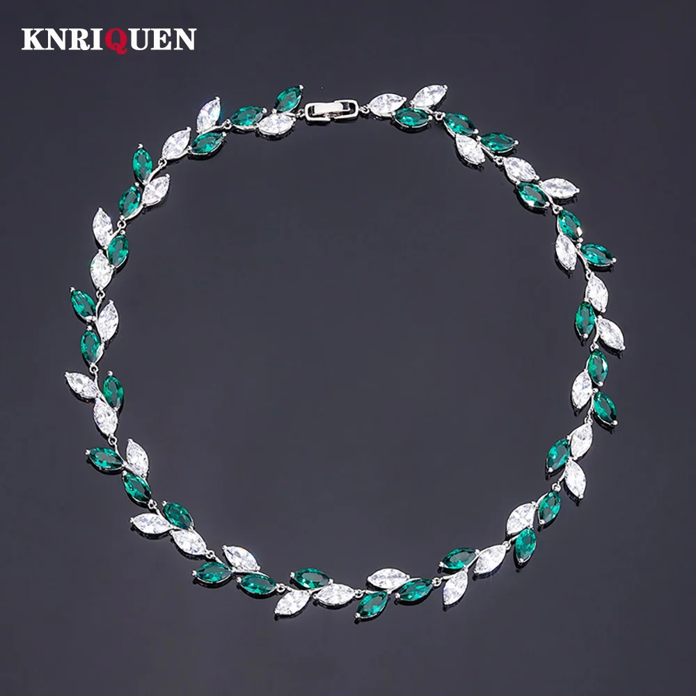 

Charms 100% 925 Solid Silver 6*12mmm Ruby Emerald Leaf Necklaces for Women Lab Diamond Wedding Party Fine Jewelry Necklace 42CM