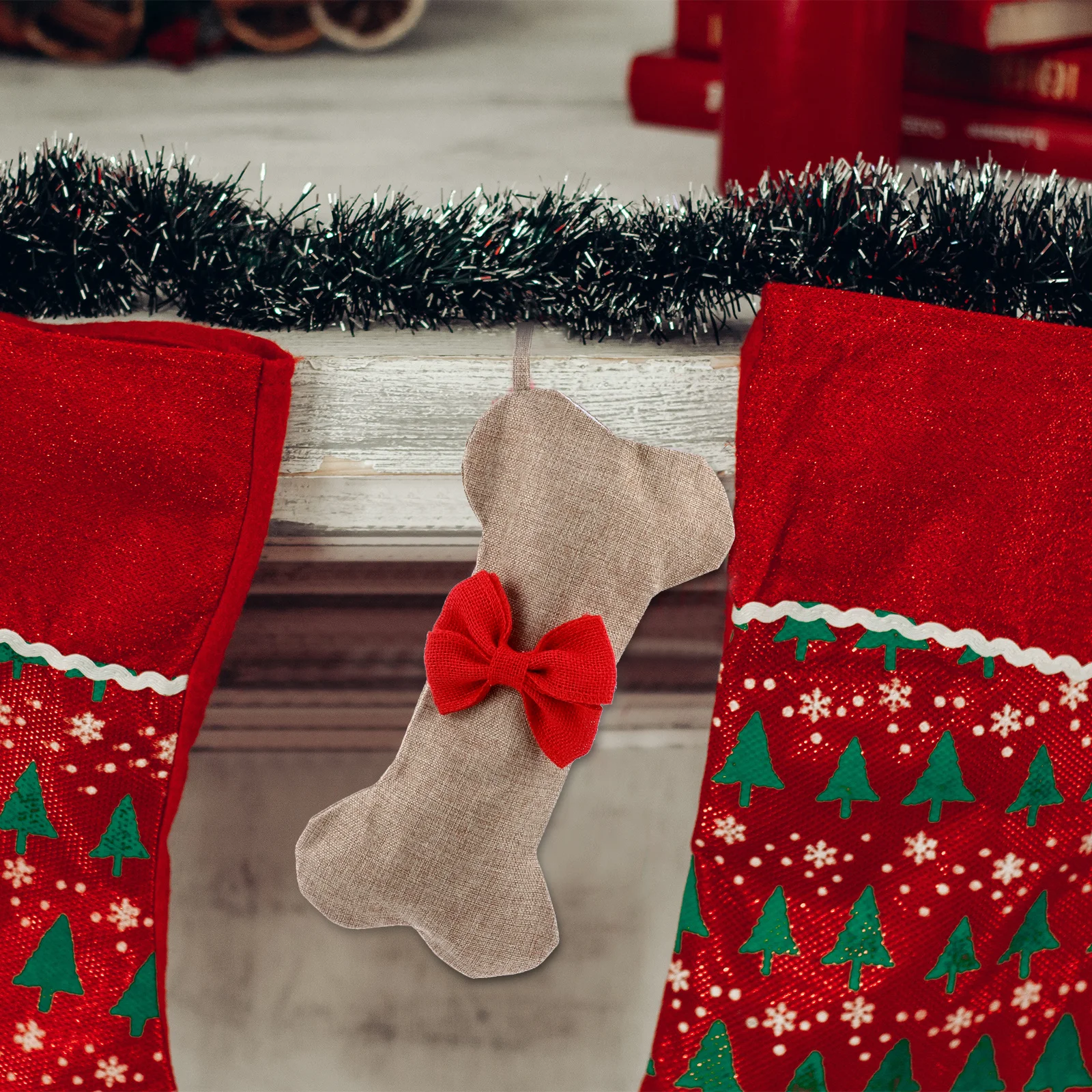 

Large Christmas Stocking Decoration Bone Shape Burlap Hanging Holiday Ornament For Fireplace Tree Xmas Decor Gift Bag